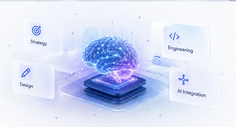 Glowing neural network brain surrounded by digital strategy, design, engineering and AI integration concepts