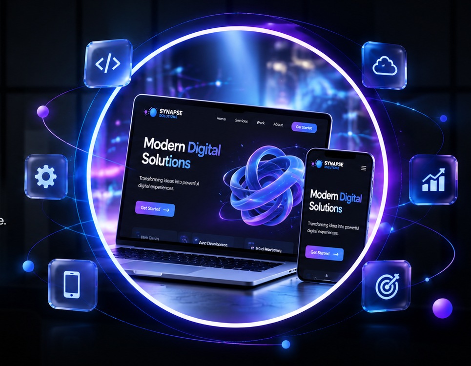Digital solutions for Synapse Solutions, featuring web development, mobile apps, AI integration and design
