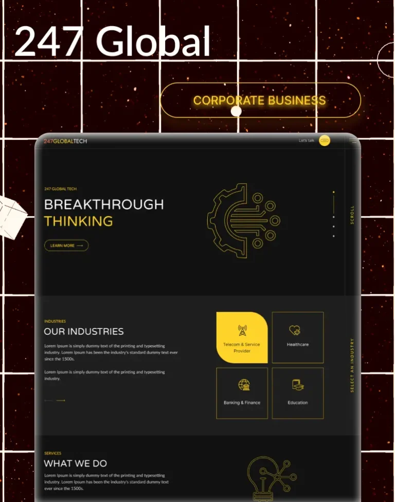 A 247 Tech sitemap: one root, six sections, page tiles, three sub-brand spaces and a mobile menu