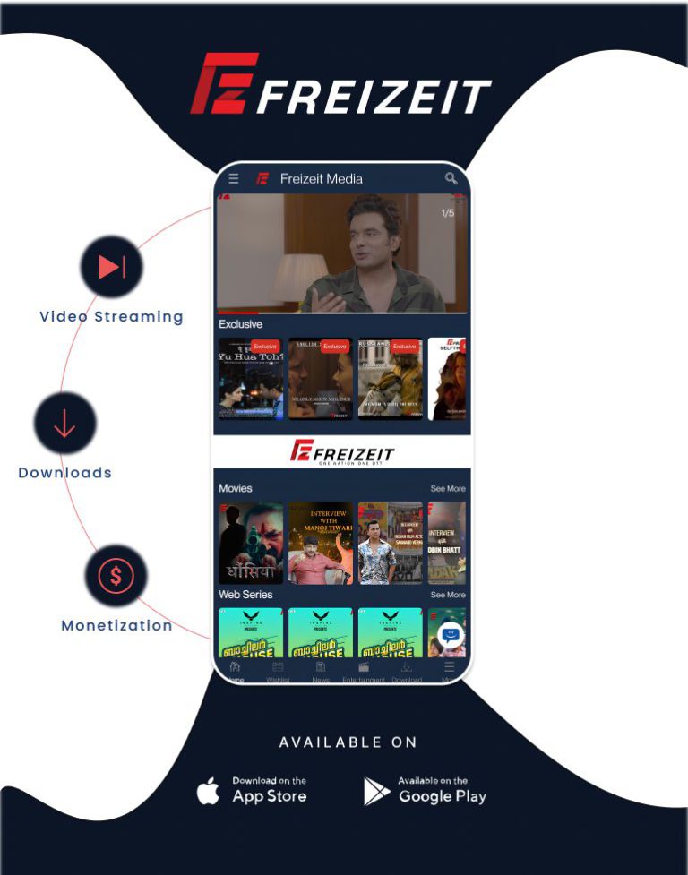 FZ OTT streaming apps on a TV and a phone, with search, a watchlist and signed-in access