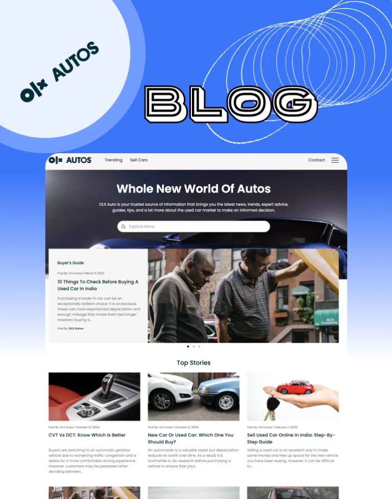An OLX Autos article page with a structured-data panel, CDN edge nodes and CMS capability chips